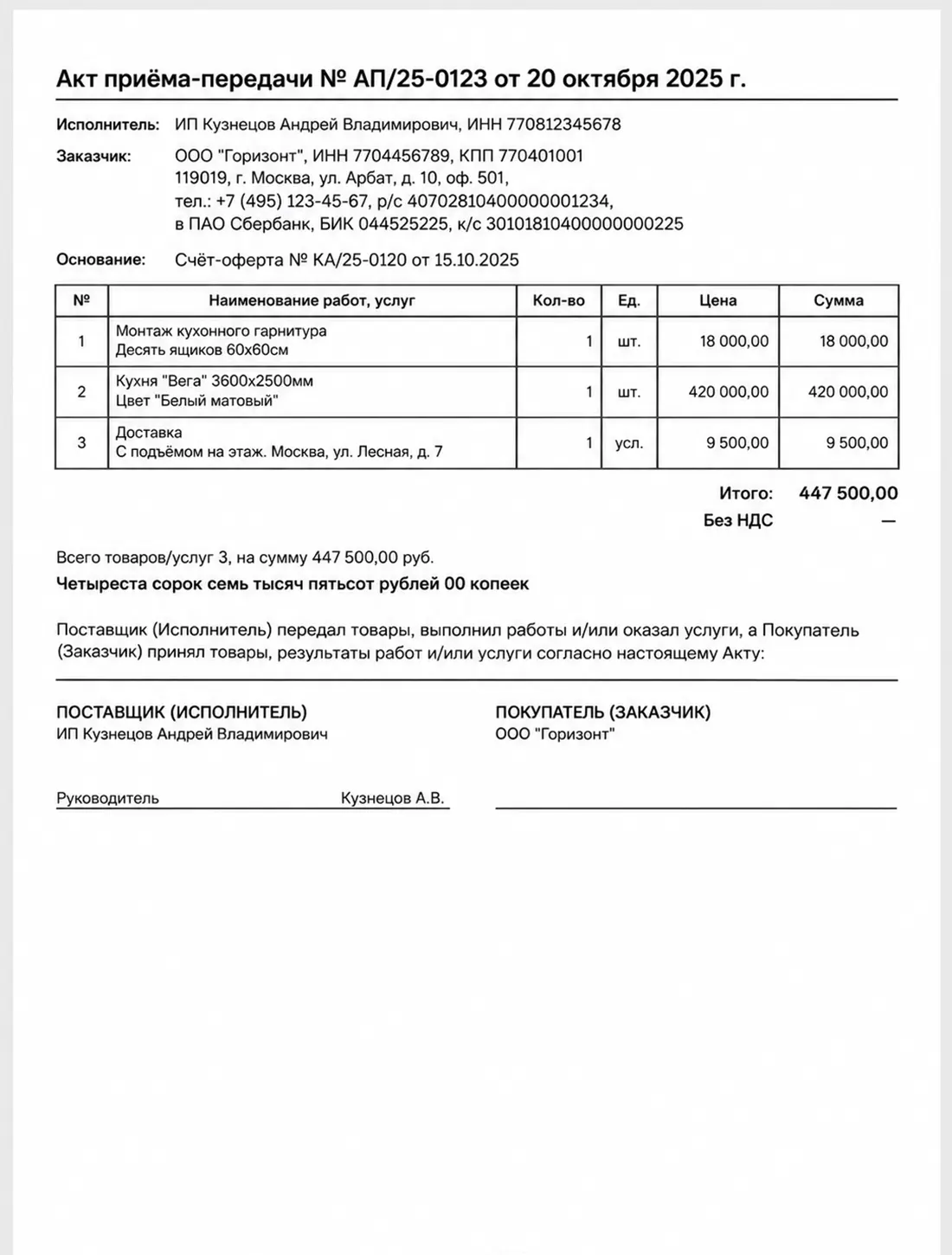 Пример акта приёма-передачи для бизнеса